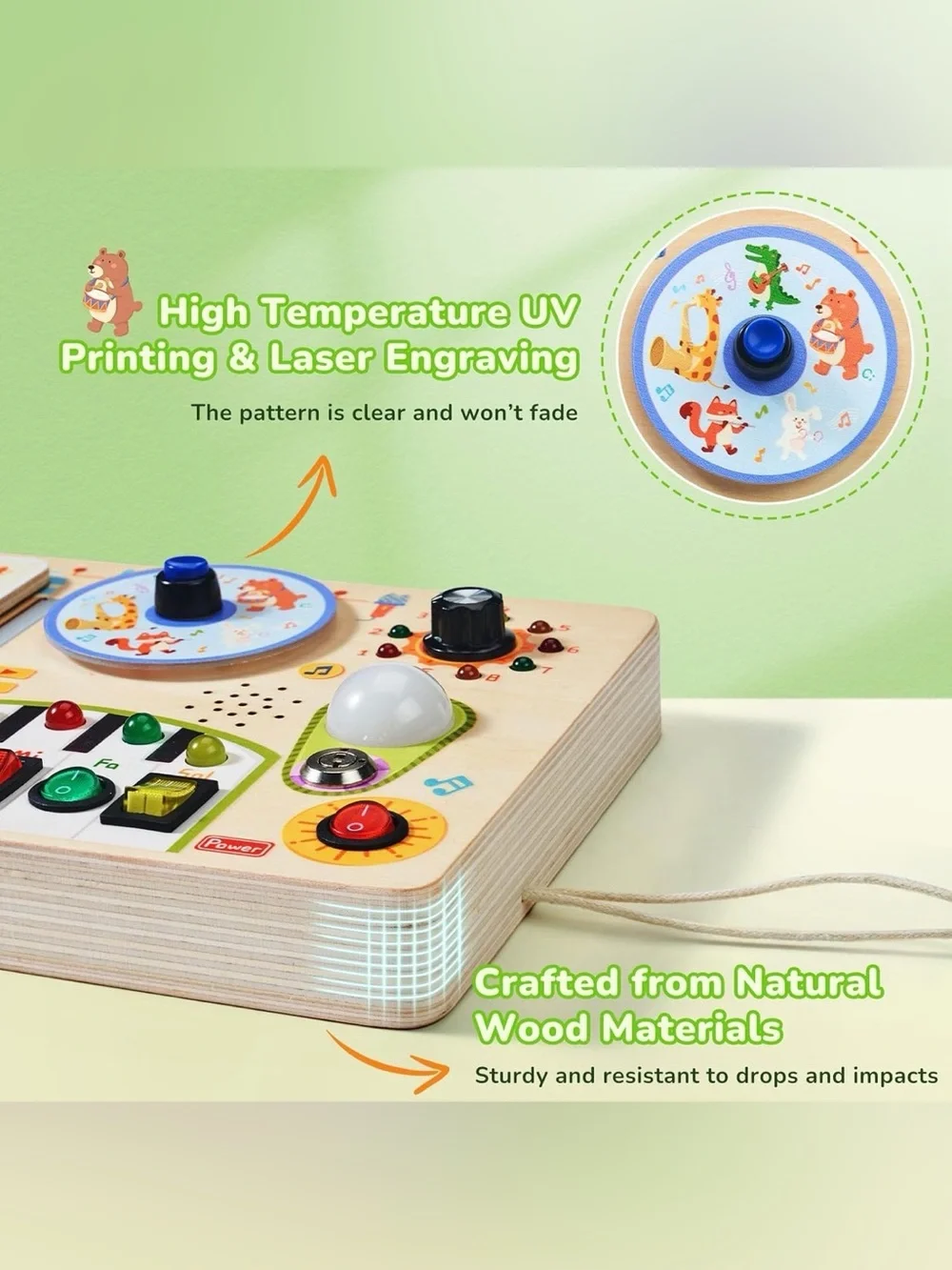JOYCAT Wooden Busy Board Activity Toy with LED Light - Natural Wood